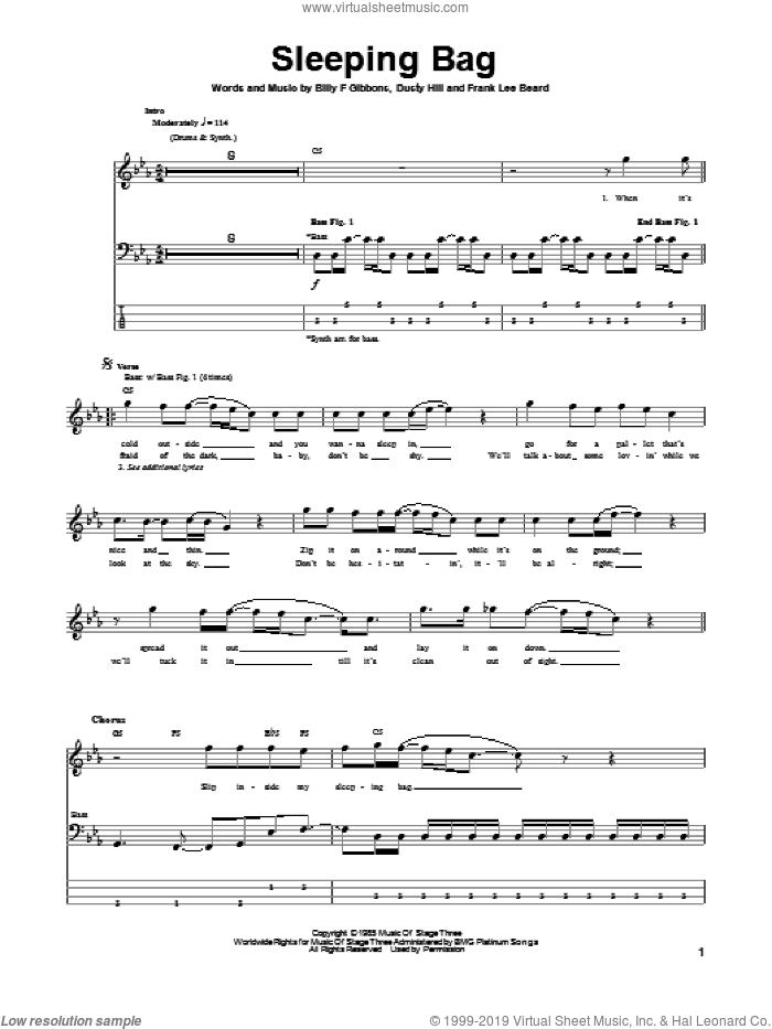 Sleeping Bag sheet music for bass (tablature) (bass guitar) by ZZ Top, Billy Gibbons, Dusty Hill and Frank Beard, intermediate skill level