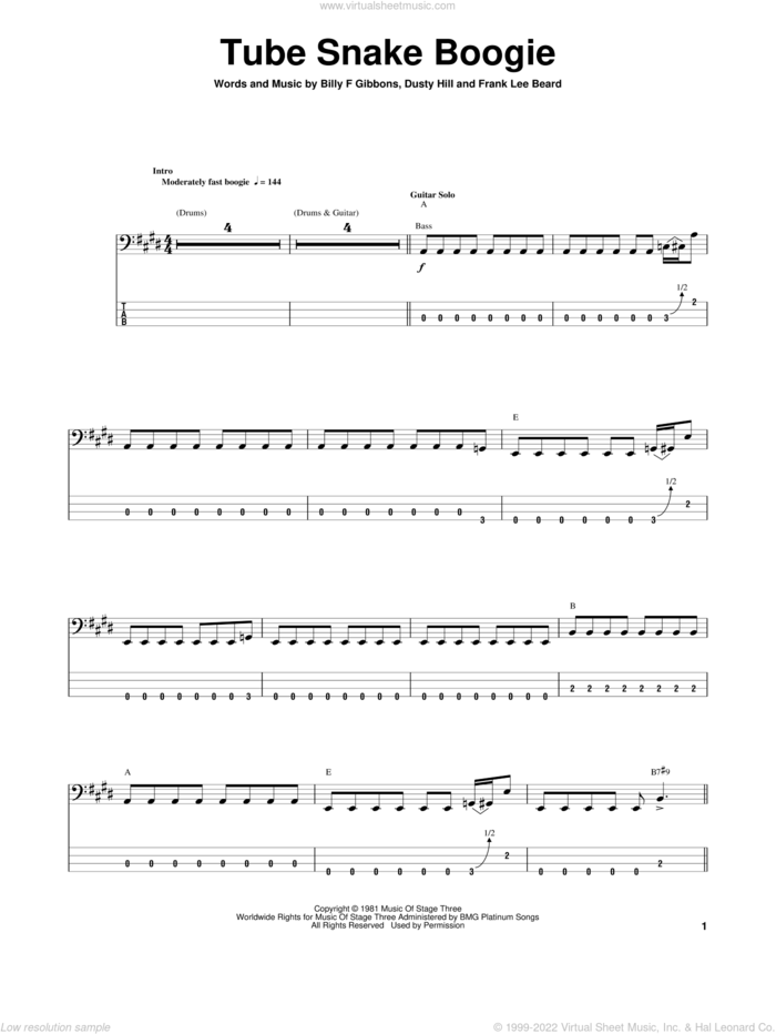 Tube Snake Boogie sheet music for bass (tablature) (bass guitar) by ZZ Top, Billy Gibbons, Dusty Hill and Frank Beard, intermediate skill level