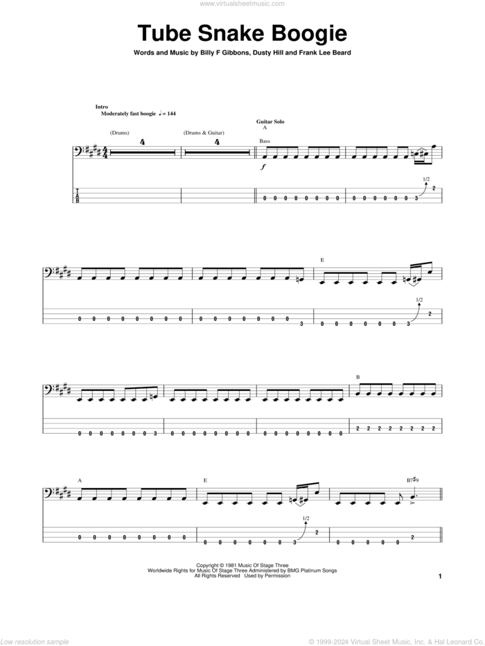 Tube Snake Boogie sheet music for bass (tablature) (bass guitar) by ZZ Top, Billy Gibbons, Dusty Hill and Frank Beard, intermediate skill level