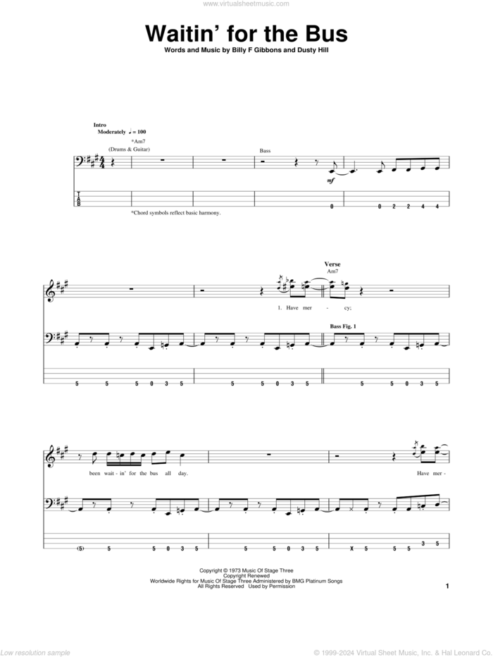 Waitin' For The Bus sheet music for bass (tablature) (bass guitar) by ZZ Top, Billy Gibbons and Dusty Hill, intermediate skill level