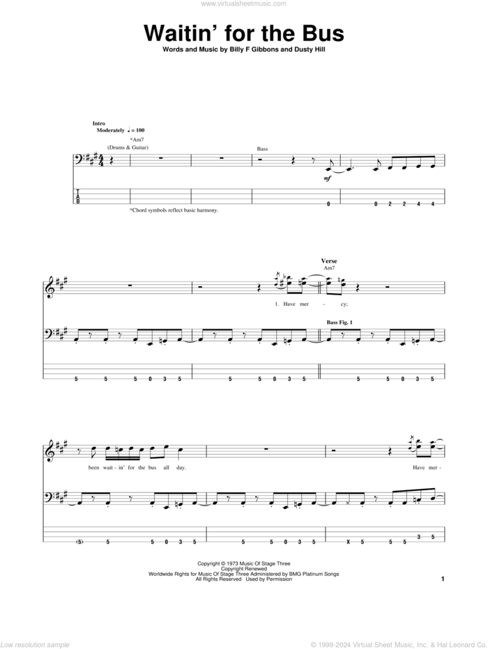 Waitin' For The Bus sheet music for bass (tablature) (bass guitar) by ZZ Top, Billy Gibbons and Dusty Hill, intermediate skill level