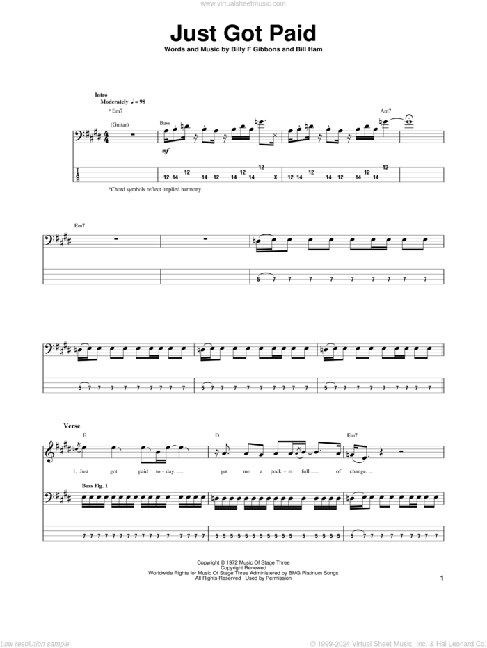 Just Got Paid sheet music for bass (tablature) (bass guitar) by ZZ Top, Bill Ham and Billy Gibbons, intermediate skill level