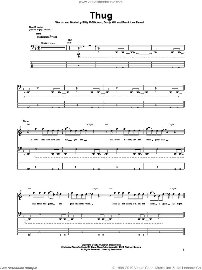 Thug sheet music for bass (tablature) (bass guitar) by ZZ Top, Billy Gibbons, Dusty Hill and Frank Beard, intermediate skill level