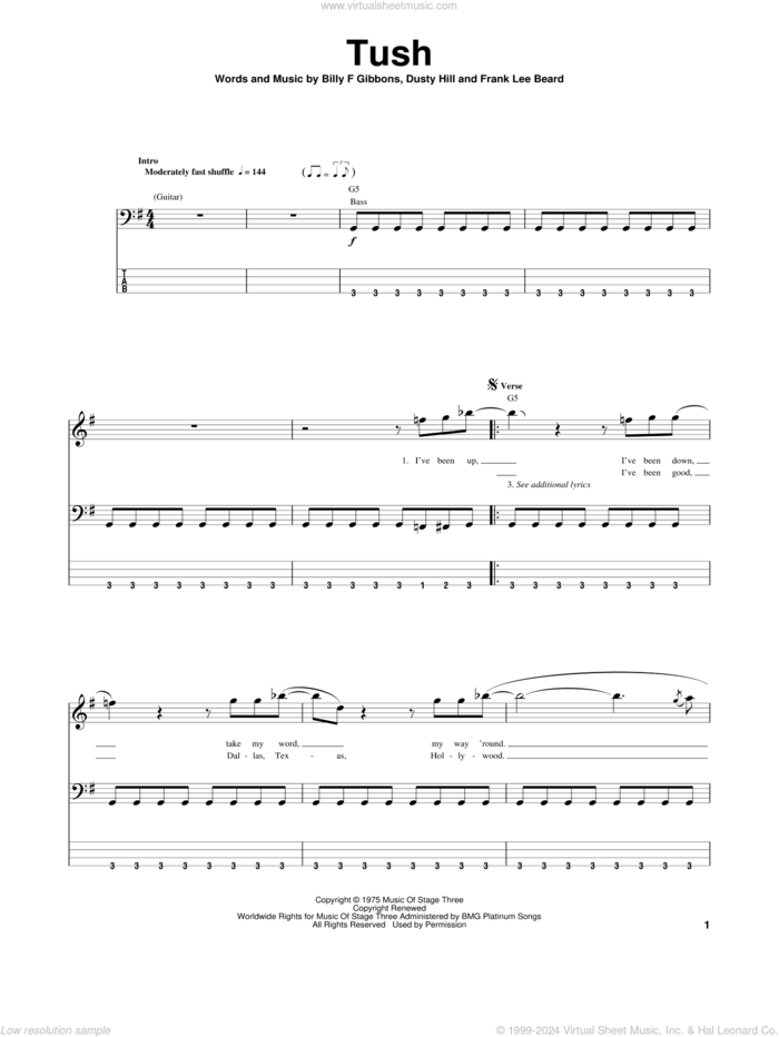 Tush sheet music for bass (tablature) (bass guitar) by ZZ Top, Billy Gibbons, Dusty Hill and Frank Beard, intermediate skill level