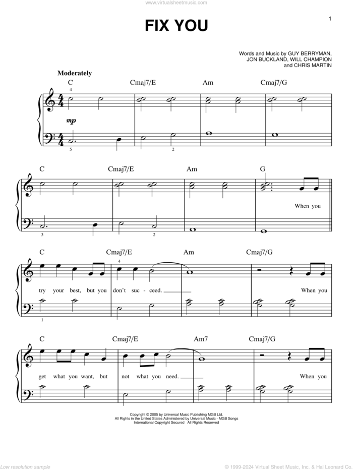 Fix You sheet music for piano solo by Guy Berryman, Coldplay, Glee Cast, Miscellaneous, Chris Martin, Jon Buckland and Will Champion, easy skill level