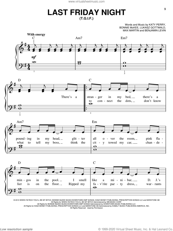 Last Friday Night (T.G.I.F.) sheet music for piano solo by Glee Cast, Miscellaneous, Bonnie McKee, Katy Perry, Lukasz Gottwald and Max Martin, easy skill level