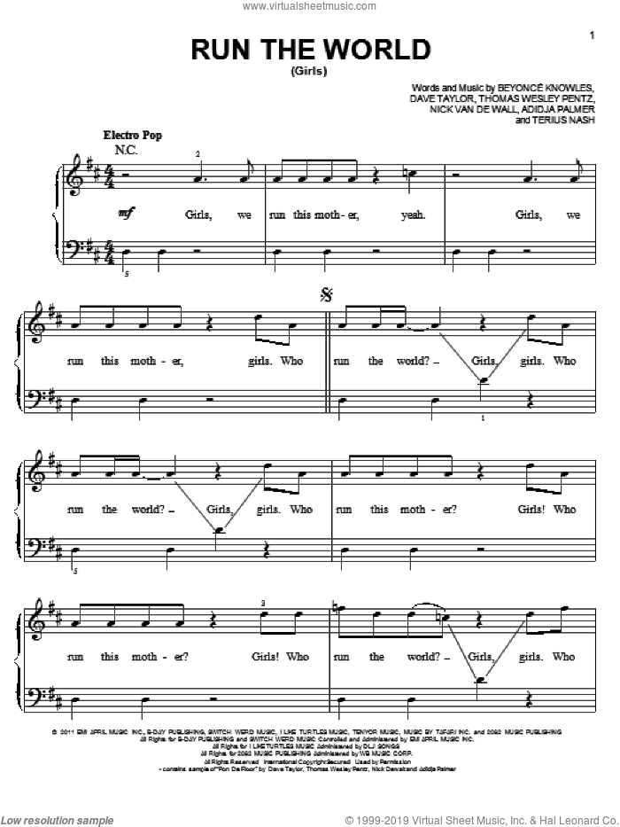 Run The World (Girls) sheet music for piano solo by Glee Cast, Miscellaneous, Adidja Palmer, Beyonce Knowles, Beyonce, Dave Taylor, Nick Van De Wall, Terius Nash and Thomas Wesley Pentz, easy skill level