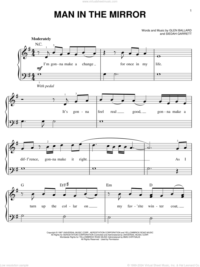 Man In The Mirror sheet music for piano solo by Glee Cast, Michael Jackson, Miscellaneous, Glen Ballard and Siedah Garrett, easy skill level