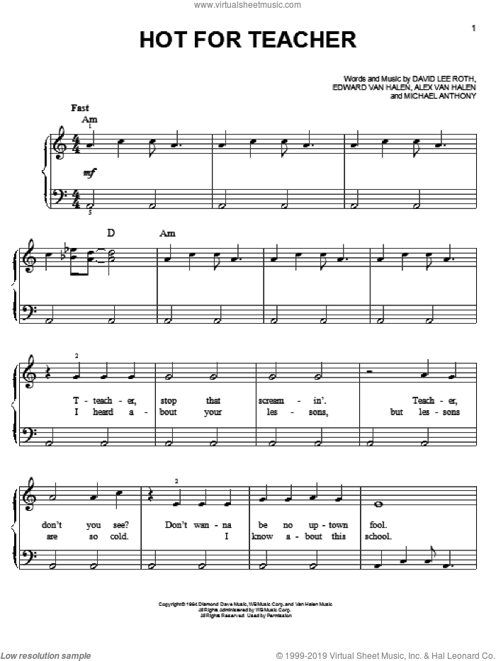 Hot For Teacher sheet music for piano solo by Glee Cast, Miscellaneous, Alex Van Halen, David Lee Roth, Edward Van Halen and Michael Anthony, easy skill level