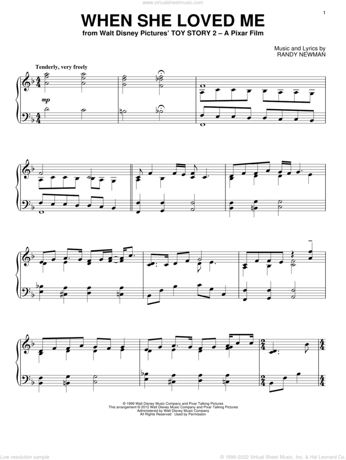 When She Loved Me (from Toy Story 2), (intermediate) sheet music for piano solo by Sarah McLachlan, Toy Story 2 (Movie) and Randy Newman, intermediate skill level