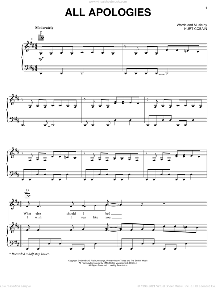 All Apologies sheet music for voice, piano or guitar by Nirvana and Kurt Cobain, intermediate skill level