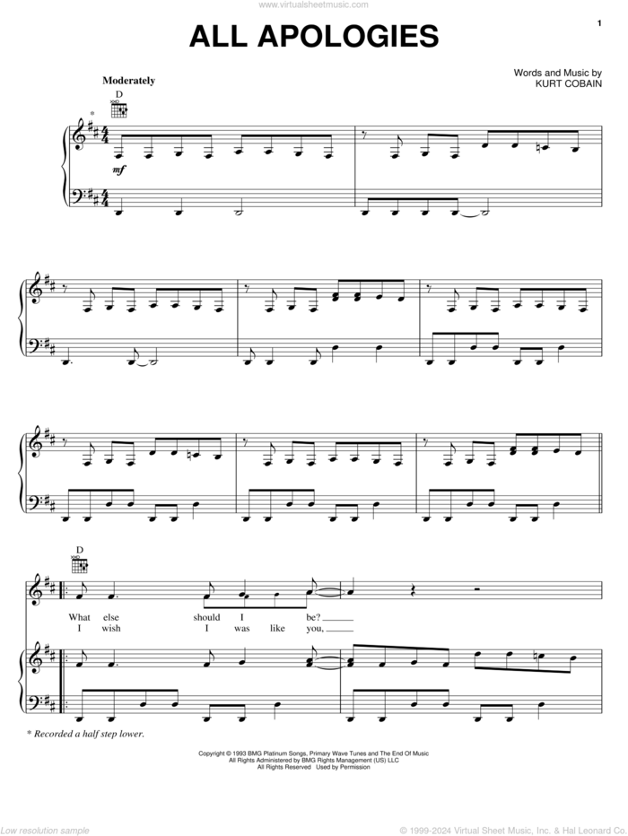 All Apologies sheet music for voice, piano or guitar by Nirvana and Kurt Cobain, intermediate skill level