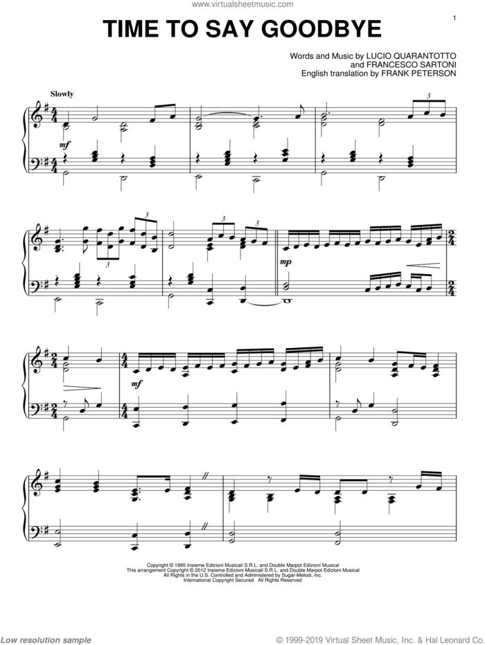 Time To Say Goodbye sheet music for piano solo by Sarah Brightman with Andrea Bocelli, Francesco Sartori, Frank Peterson and Lucio Quarantotto, intermediate skill level