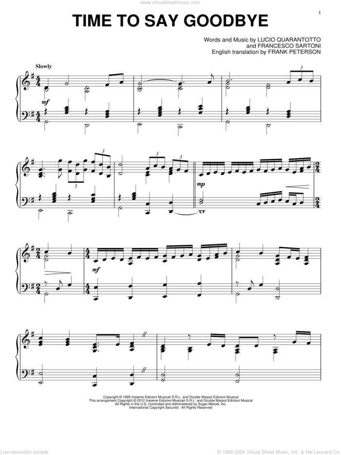 Time To Say Goodbye sheet music for piano solo by Sarah Brightman with Andrea Bocelli, Francesco Sartori, Frank Peterson and Lucio Quarantotto, intermediate skill level