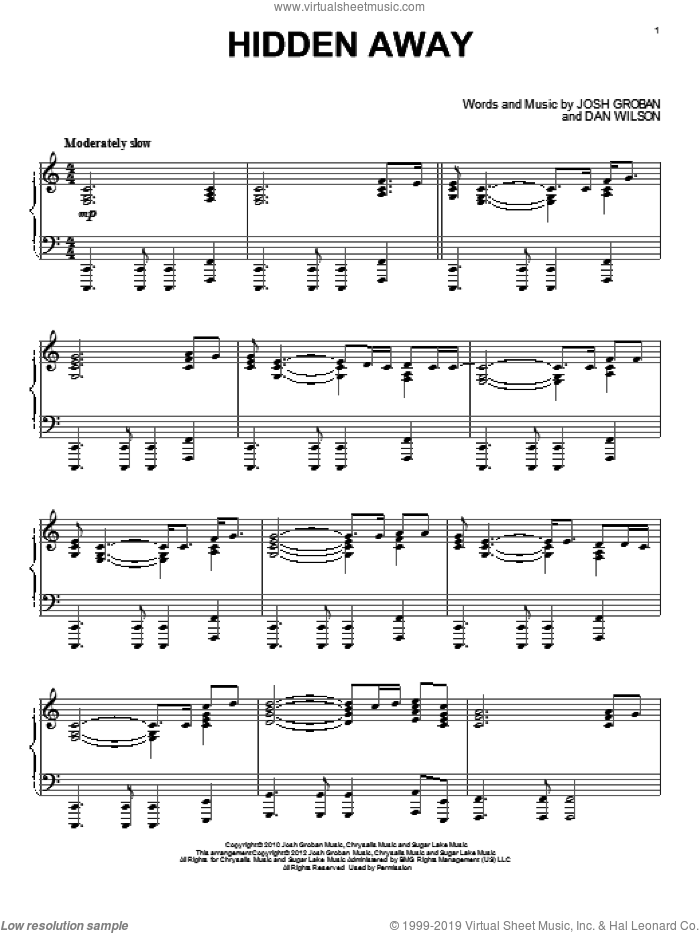 Hidden Away, (intermediate) sheet music for piano solo by Josh Groban and Dan Wilson, intermediate skill level