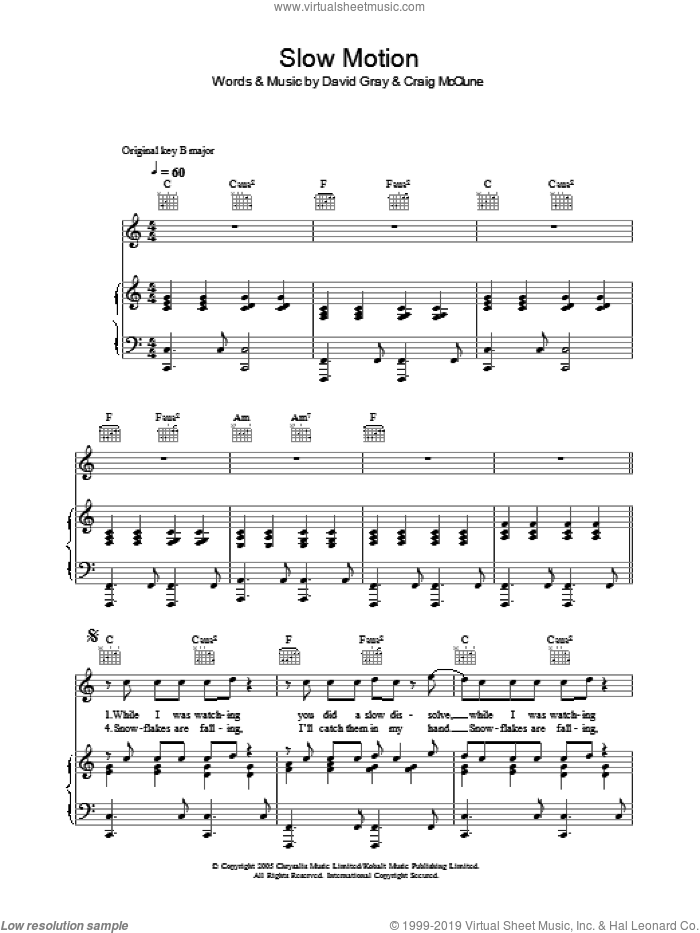 Slow Motion sheet music for voice, piano or guitar by David Gray and Craig McClune, intermediate skill level