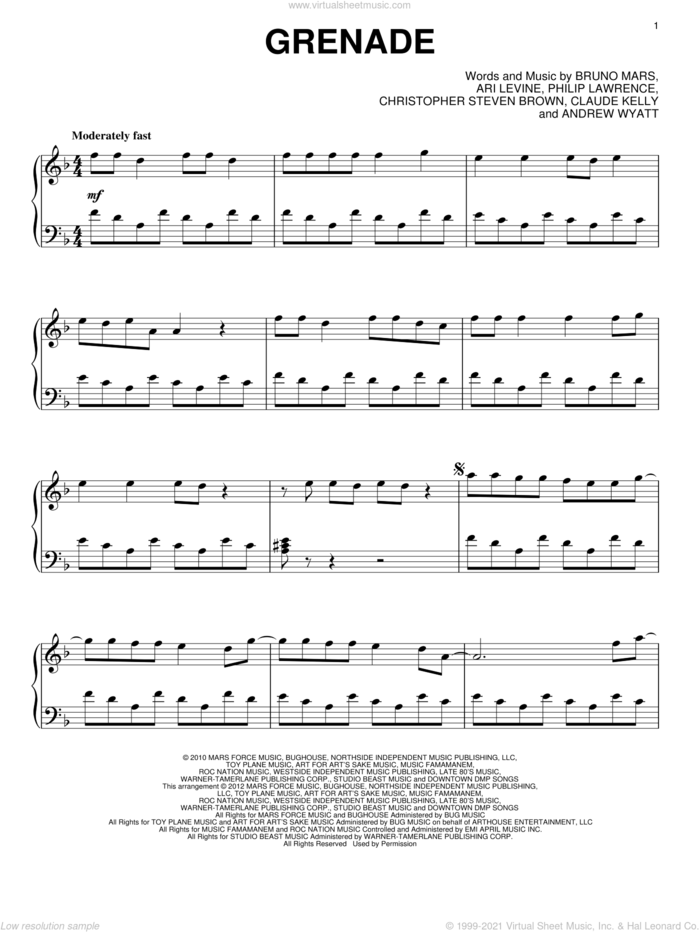 Grenade sheet music for piano solo by Bruno Mars, Andrew Wyatt, Ari Levine, Christopher Steven Brown, Claude Kelly and Philip Lawrence, intermediate skill level