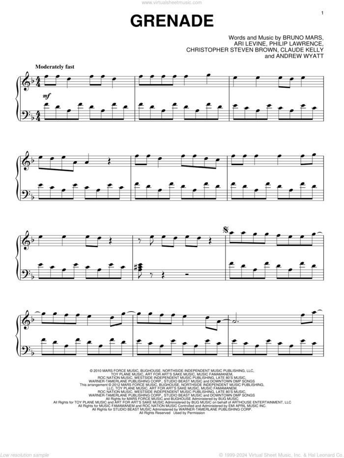 Grenade sheet music for piano solo by Bruno Mars, Andrew Wyatt, Ari Levine, Christopher Steven Brown, Claude Kelly and Philip Lawrence, intermediate skill level