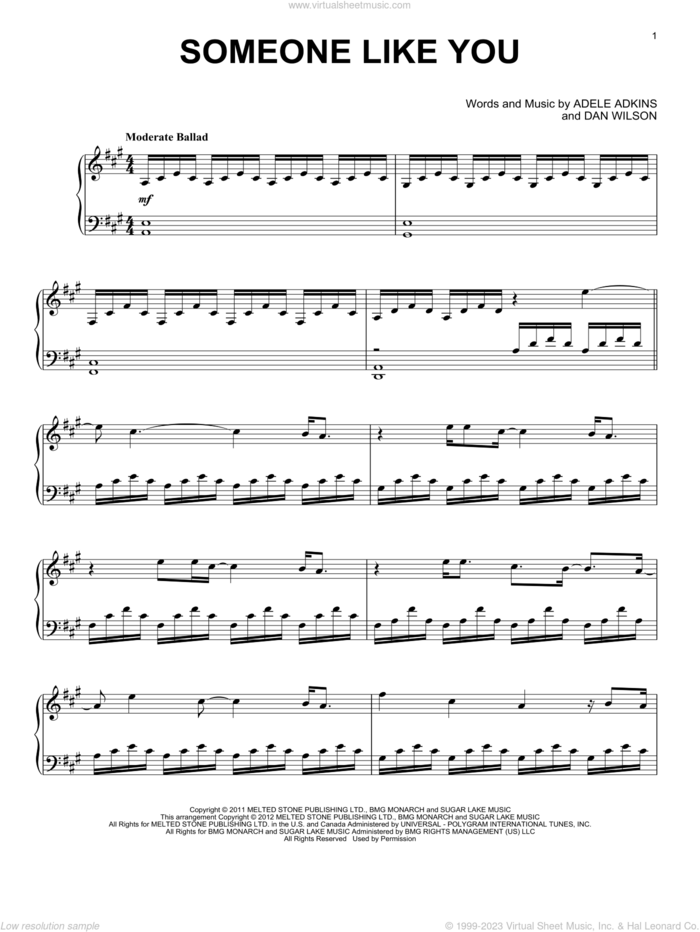 Someone Like You, (intermediate) sheet music for piano solo by Adele, Adele Adkins and Dan Wilson, intermediate skill level