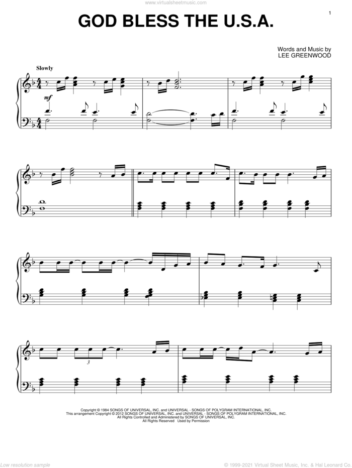 God Bless The U.S.A., (intermediate) sheet music for piano solo by Lee Greenwood, intermediate skill level