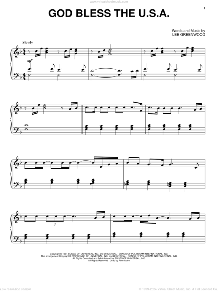 God Bless The U.S.A., (intermediate) sheet music for piano solo by Lee Greenwood, intermediate skill level