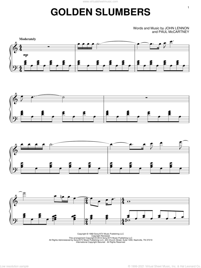 Golden Slumbers sheet music for piano solo by The Beatles, John Lennon and Paul McCartney, intermediate skill level