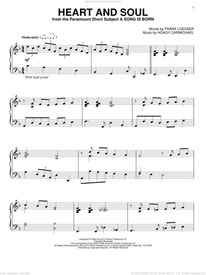 Heart And Soul, (intermediate) sheet music for piano solo by Hoagy Carmichael and Frank Loesser, intermediate skill level