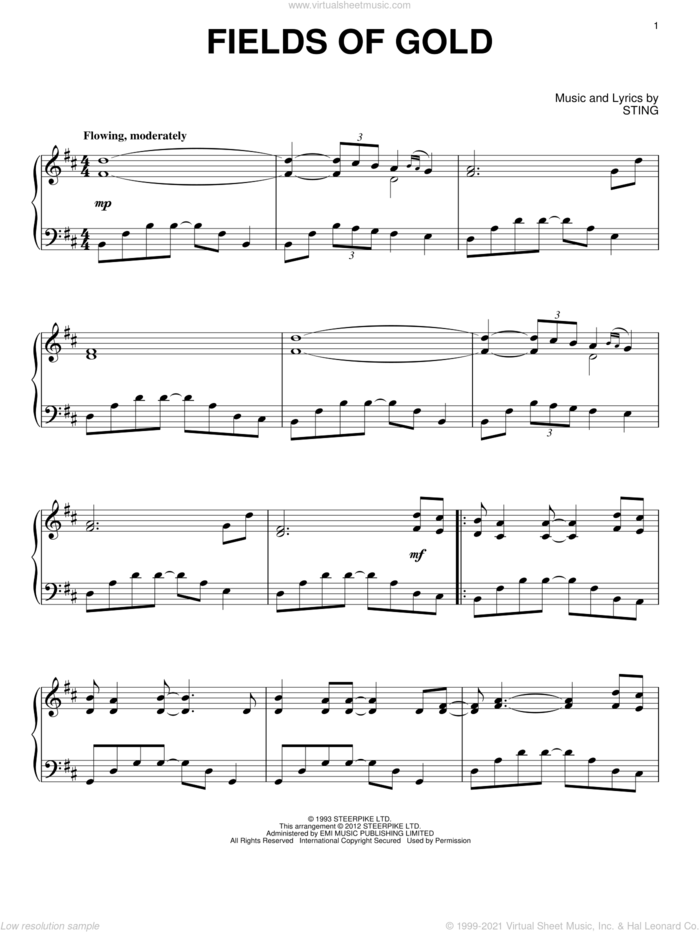 Fields Of Gold sheet music for piano solo by Sting, intermediate skill level