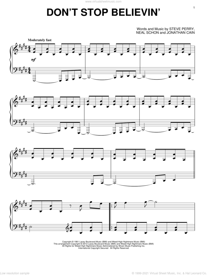 Don't Stop Believin' sheet music for piano solo by Journey, Jonathan Cain, Neal Schon and Steve Perry, intermediate skill level