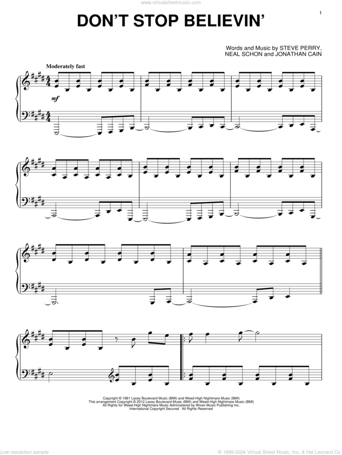 Don't Stop Believin' sheet music for piano solo by Journey, Jonathan Cain, Neal Schon and Steve Perry, intermediate skill level