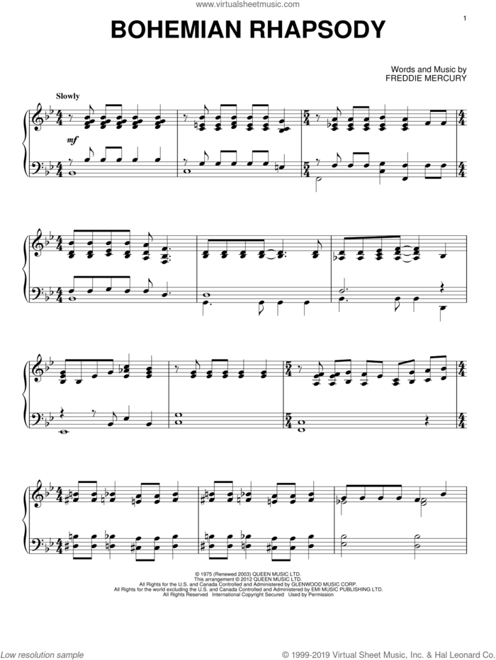 Bohemian Rhapsody, (intermediate) sheet music for piano solo by Queen and Freddie Mercury, intermediate skill level