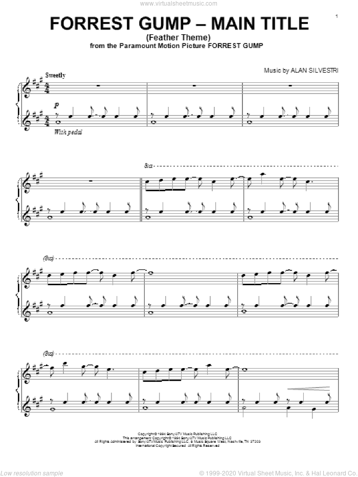 Forrest Gump - Main Title (Feather Theme), (intermediate) sheet music for piano solo by Alan Silvestri and Forrest Gump (Movie), intermediate skill level