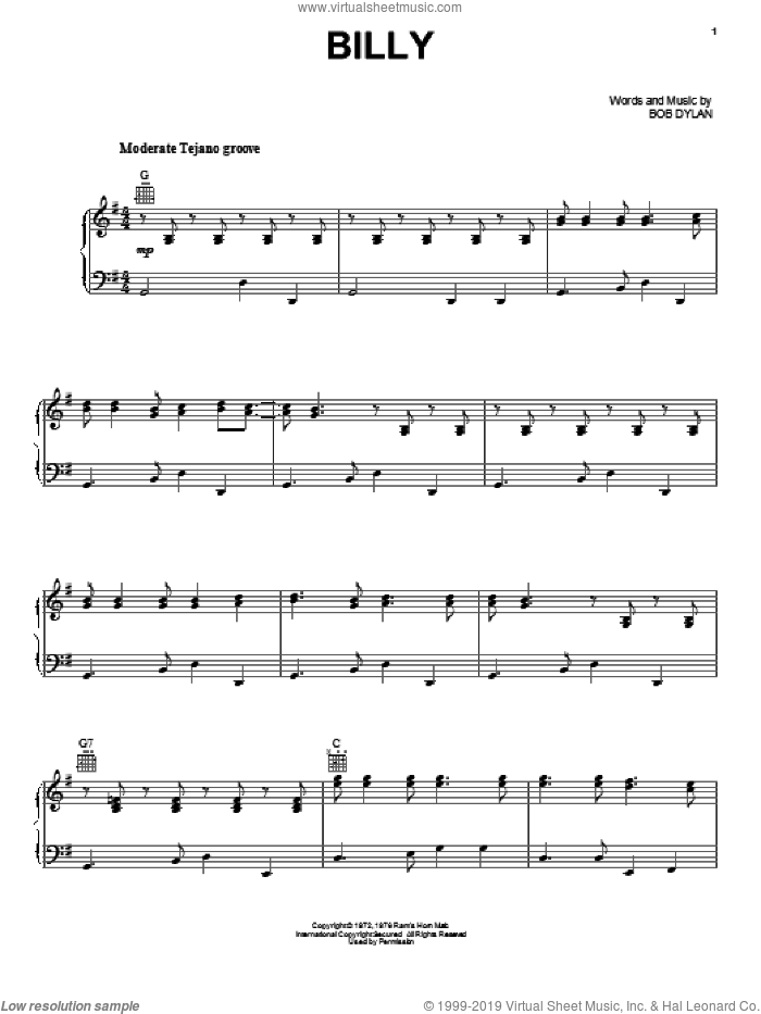 Billy sheet music for voice, piano or guitar by Los Lobos and Bob Dylan, intermediate skill level