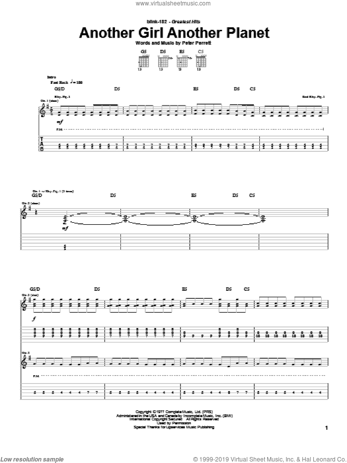 Another Girl Another Planet sheet music for guitar (tablature) by Blink-182 and Peter Perrett, intermediate skill level