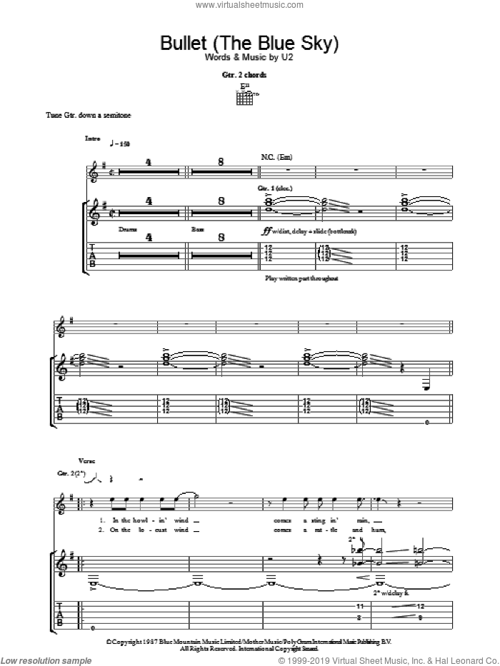 Bullet The Blue Sky sheet music for guitar (tablature) by U2, intermediate skill level