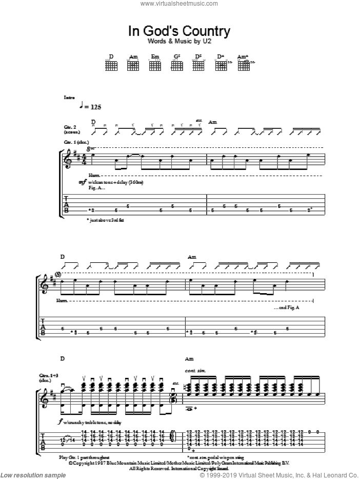 In God's Country sheet music for guitar (tablature) by U2, intermediate skill level