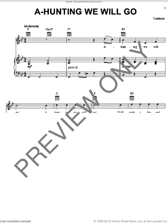 A-Hunting We Will Go sheet music for voice, piano or guitar, intermediate skill level