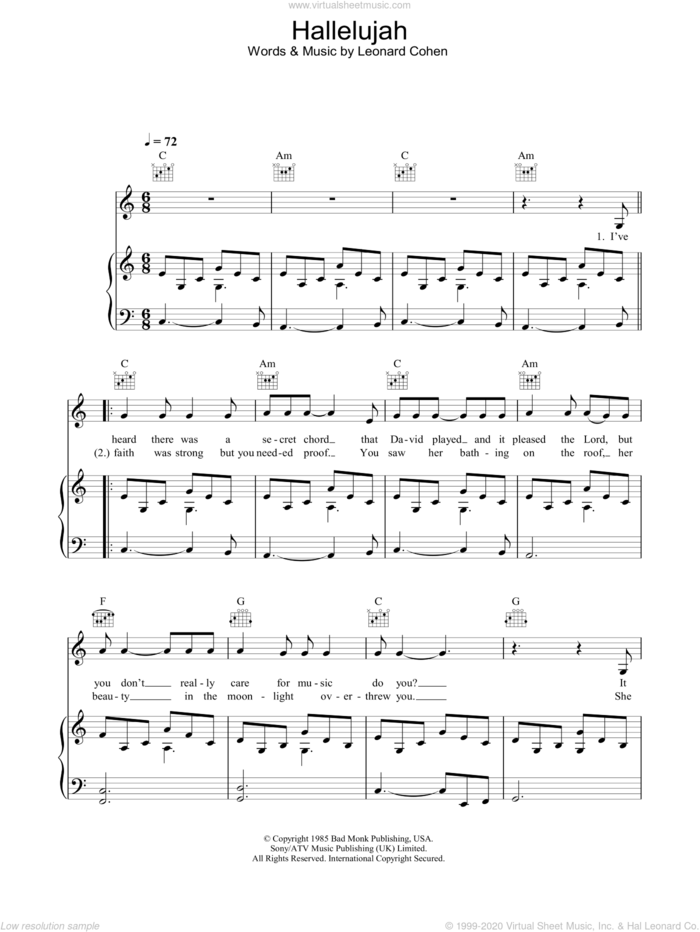 Hallelujah sheet music for voice, piano or guitar by Rufus Wainwright and Leonard Cohen, intermediate skill level
