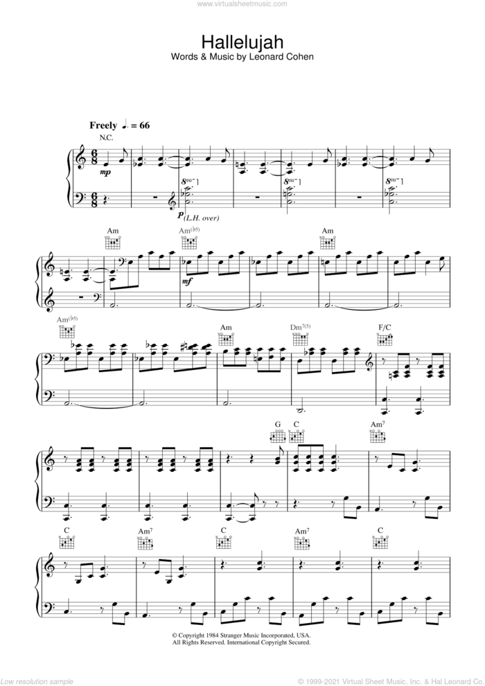 Hallelujah sheet music for voice, piano or guitar by Jeff Buckley and Leonard Cohen, intermediate skill level