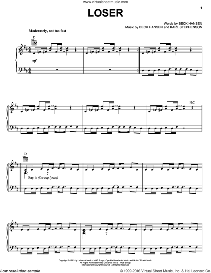 Loser sheet music for voice, piano or guitar by Beck Hansen and Karl Stephenson, intermediate skill level