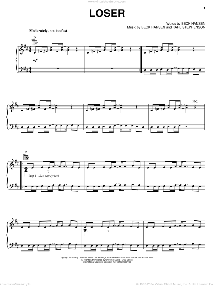 Loser sheet music for voice, piano or guitar by Beck Hansen and Karl Stephenson, intermediate skill level