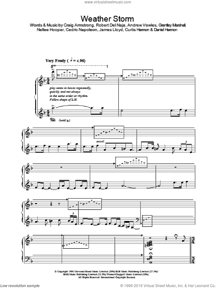 Weather Storm sheet music for piano solo by Craig Armstrong, Andrew Vowles, Cedric Napoleon, Curtis Harmon, Daniel Harmon, Grantley Marshall, James Lloyd, Nellee Hooper and Robert Del Naja, intermediate skill level
