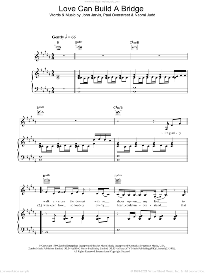 Love Can Build A Bridge sheet music for voice, piano or guitar by The Judds, John Jarvis, Naomi Judd and Paul Overstreet, intermediate skill level