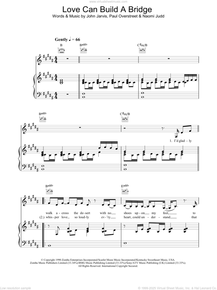 Love Can Build A Bridge sheet music for voice, piano or guitar by The Judds, John Jarvis, Naomi Judd and Paul Overstreet, intermediate skill level