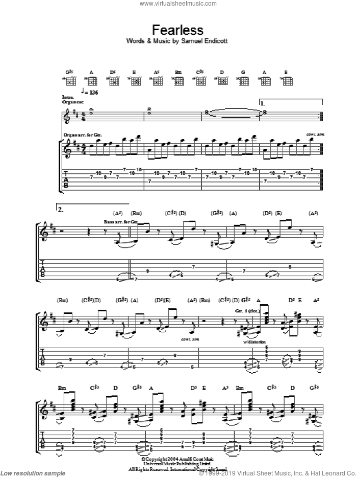 Fearless sheet music for guitar (tablature) by The Bravery and Samuel Endicott, intermediate skill level