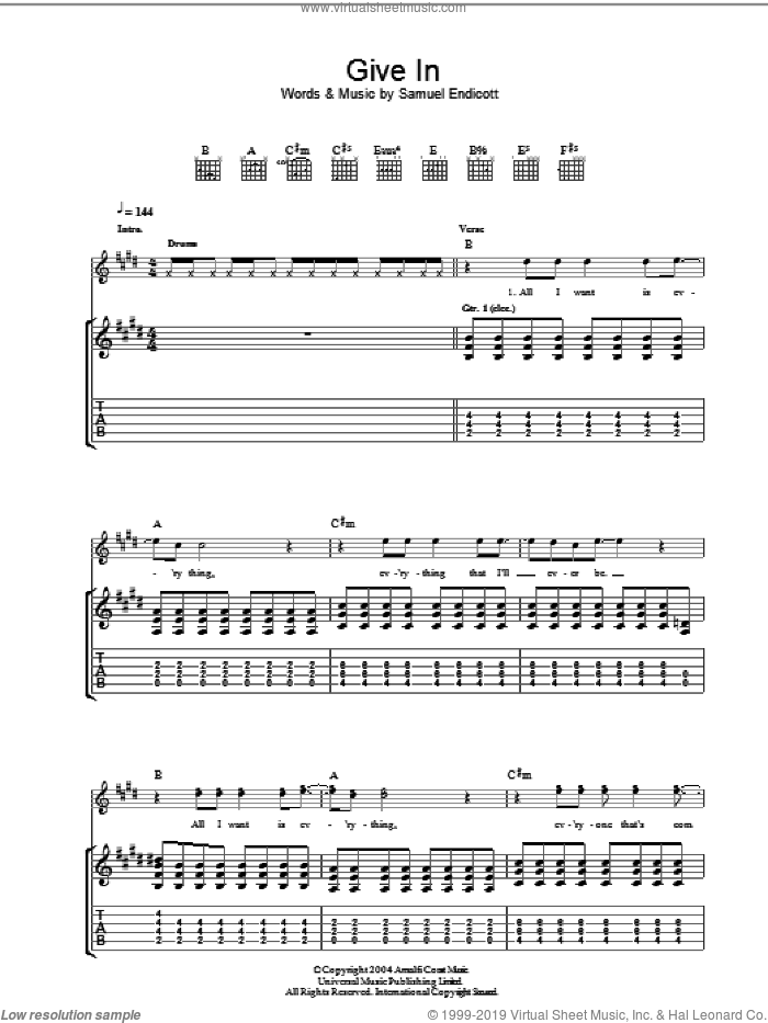 Give In sheet music for guitar (tablature) by Kelly Jones, The Bravery and Samuel Endicott, intermediate skill level