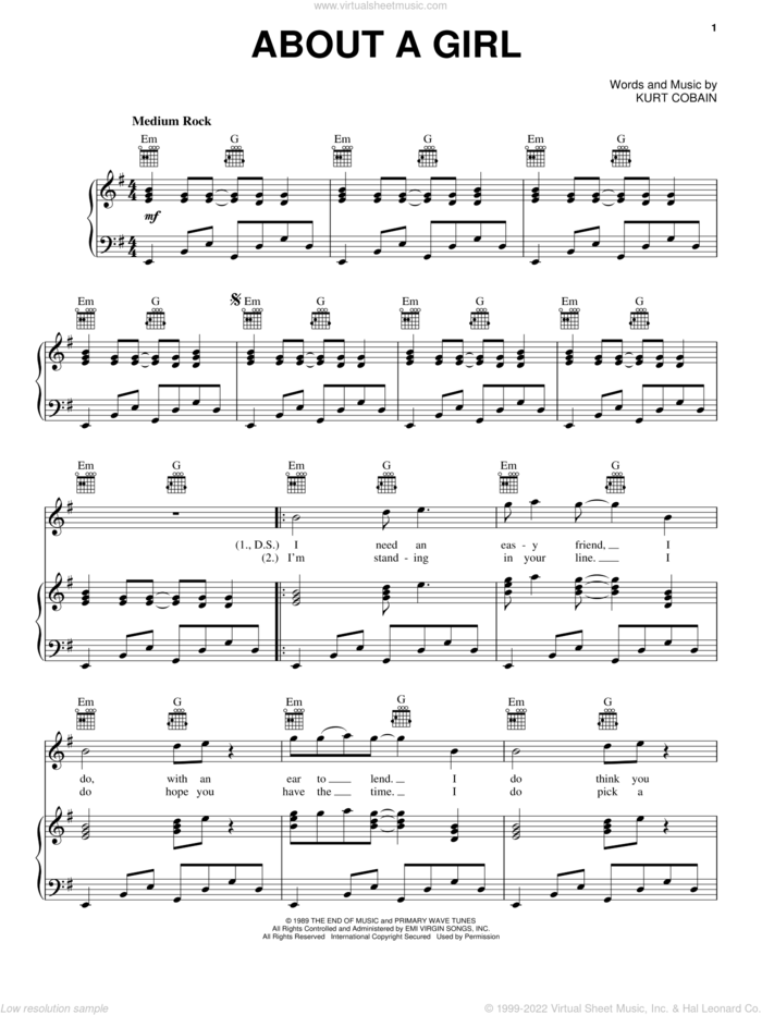 About A Girl sheet music for voice, piano or guitar by Nirvana and Kurt Cobain, intermediate skill level