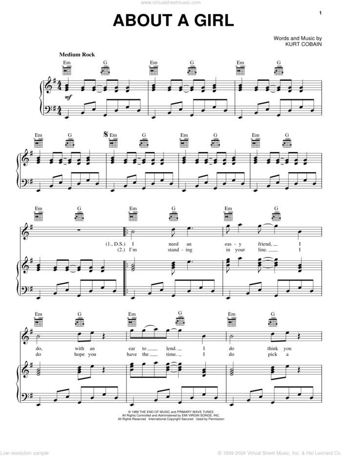 About A Girl sheet music for voice, piano or guitar by Nirvana and Kurt Cobain, intermediate skill level