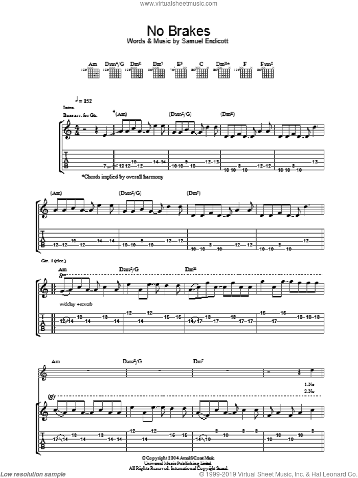 No Brakes sheet music for guitar (tablature) by The Bravery and Samuel Endicott, intermediate skill level