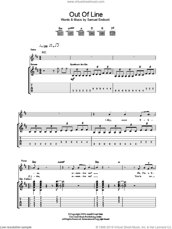 Out Of Line sheet music for guitar (tablature) by The Bravery and Samuel Endicott, intermediate skill level